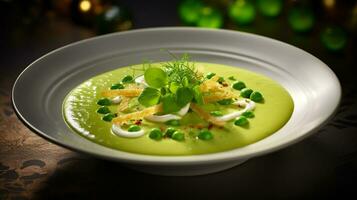 Photo of Spring Pea Soup as a dish in a high-end restaurant. Generative AI