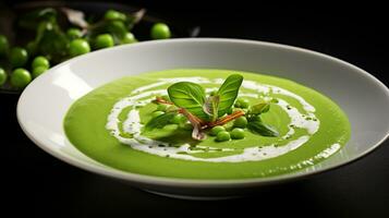 Photo of Spring Pea and Mint Soup as a dish in a high-end restaurant. Generative AI