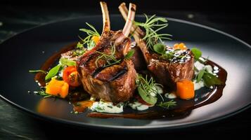 Photo of Spring Lamb Chops as a dish in a high-end restaurant. Generative AI