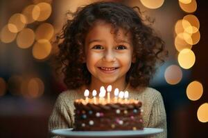 a girl holding a birthday cake with several candles on bokeh style background photo