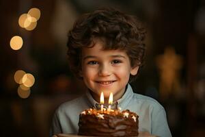 a boy holding a birthday cake with several candles on bokeh style background photo