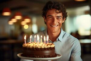 a man holding a birthday cake with several candles on bokeh style background photo