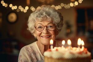 an elderly woman holding a birthday cake with several candles on bokeh style background photo