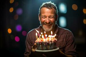 a man holding a birthday cake with several candles on bokeh style background photo