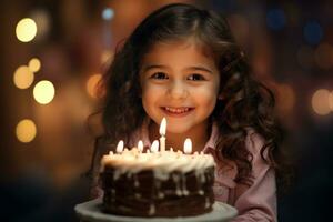 a girl holding a birthday cake with several candles on bokeh style background photo