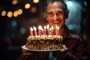 a man holding a birthday cake with several candles on bokeh style background photo