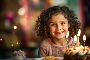 a girl holding a birthday cake with several candles on bokeh style background photo