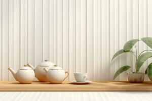 small teapots and tea cups stand on an old wooden table in fashion style background photo