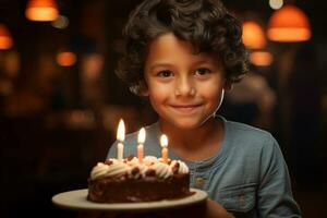 a boy holding a birthday cake with several candles on bokeh style background photo