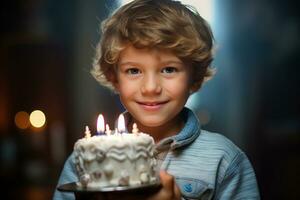 a boy holding a birthday cake with several candles on bokeh style background photo