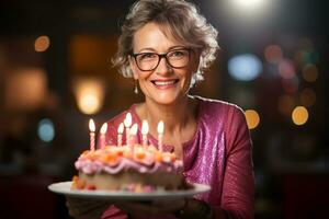 a woman holding a birthday cake with several candles on bokeh style background photo