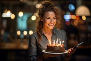 a woman holding a birthday cake with several candles on bokeh style background photo