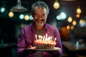 a man holding a birthday cake with several candles on bokeh style background photo