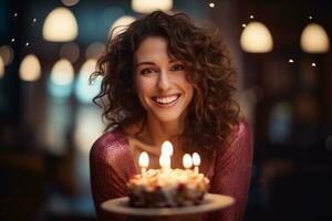 a woman holding a birthday cake with several candles on bokeh style background photo