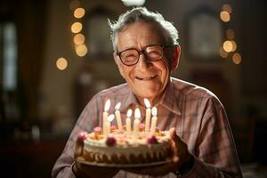 an elderly man holding a birthday cake with several candles on bokeh style background photo