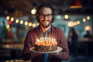 a man holding a birthday cake with several candles on bokeh style background photo