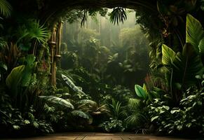 Beautiful jungle background with border made of tropical leaves backdrop with copy space photo