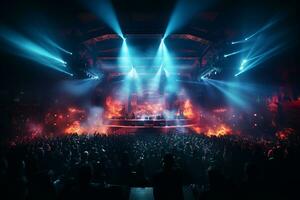 Ai generative Crowded Concert Stage Scenery With Spotlights and Colored Lights realistic image, ultra hd photo