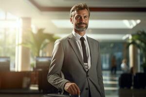 Businessman with suitcase standing in front of hotel reception counter photo