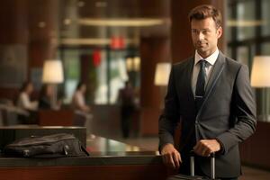 Businessman with suitcase standing in front of hotel reception counter photo