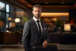 Businessman with suitcase standing in front of hotel reception counter photo