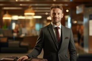 Businessman with suitcase standing in front of hotel reception counter photo