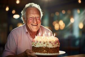 an elderly man holding a birthday cake with several candles on bokeh style background photo