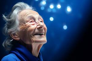 elderly woman smile happily on bokeh style background photo