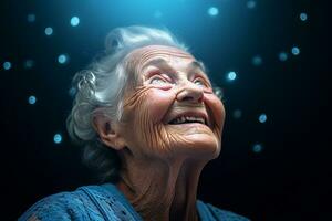 elderly woman smile happily on bokeh style background photo