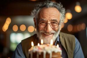 an elderly man holding a birthday cake with several candles on bokeh style background photo