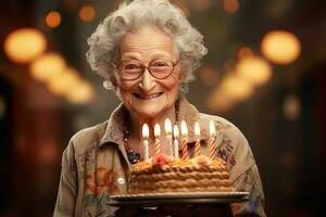 an elderly woman holding a birthday cake with several candles on bokeh style background photo