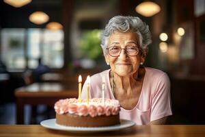 an elderly woman holding a birthday cake with several candles on bokeh style background photo