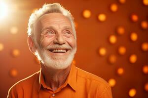 elderly man smile happily on bokeh style background photo