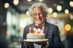 an elderly man holding a birthday cake with several candles on bokeh style background photo