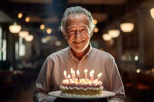 an elderly man holding a birthday cake with several candles on bokeh style background photo