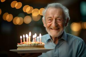 an elderly man holding a birthday cake with several candles on bokeh style background photo