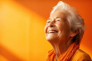 elderly woman smile happily on bokeh style background photo