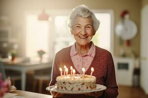 an elderly woman holding a birthday cake with several candles on bokeh style background photo