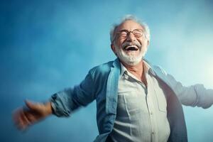 elderly man happy dance on bokeh style background photo