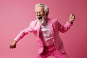 elderly man happy dance on bokeh style background photo