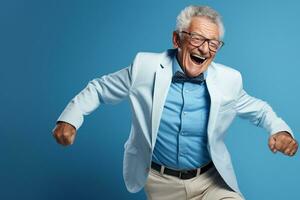 elderly man happy dance on bokeh style background photo