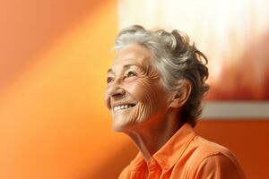 elderly woman smile happily on bokeh style background photo