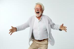 elderly man happy dance on bokeh style background photo