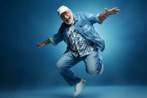 elderly man happy dance on bokeh style background photo