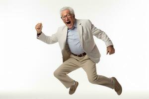 elderly man happy dance on bokeh style background photo