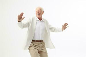 elderly man happy dance on bokeh style background photo