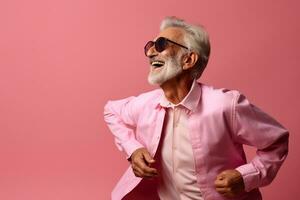 elderly man happy dance on bokeh style background photo
