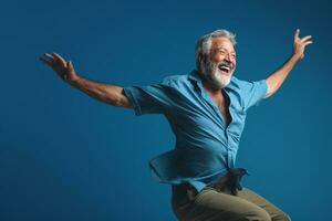 elderly man happy dance on bokeh style background photo