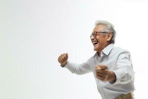 elderly man happy dance on bokeh style background photo