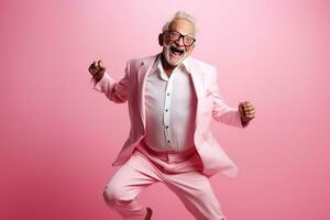 elderly man happy dance on bokeh style background photo